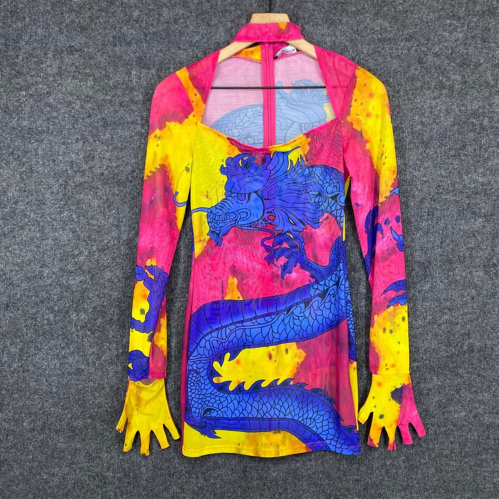 Shane Justin Pink Yellow Blue Dragon Tie Dye Mesh Mini Dress with Gloves Size M